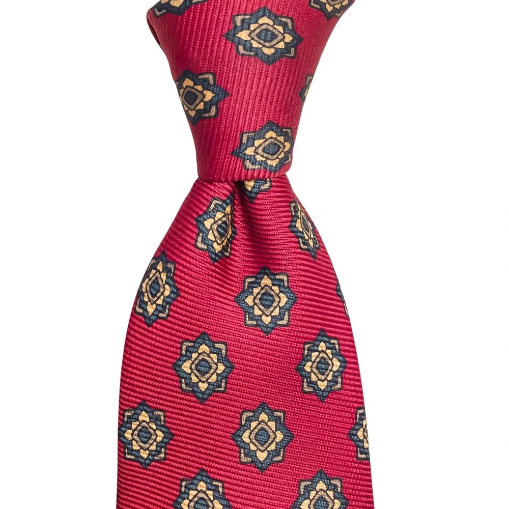 Polo Ralph Lauren Necktie Mens Red Geometric Medallion 100% Silk Hand Made USA